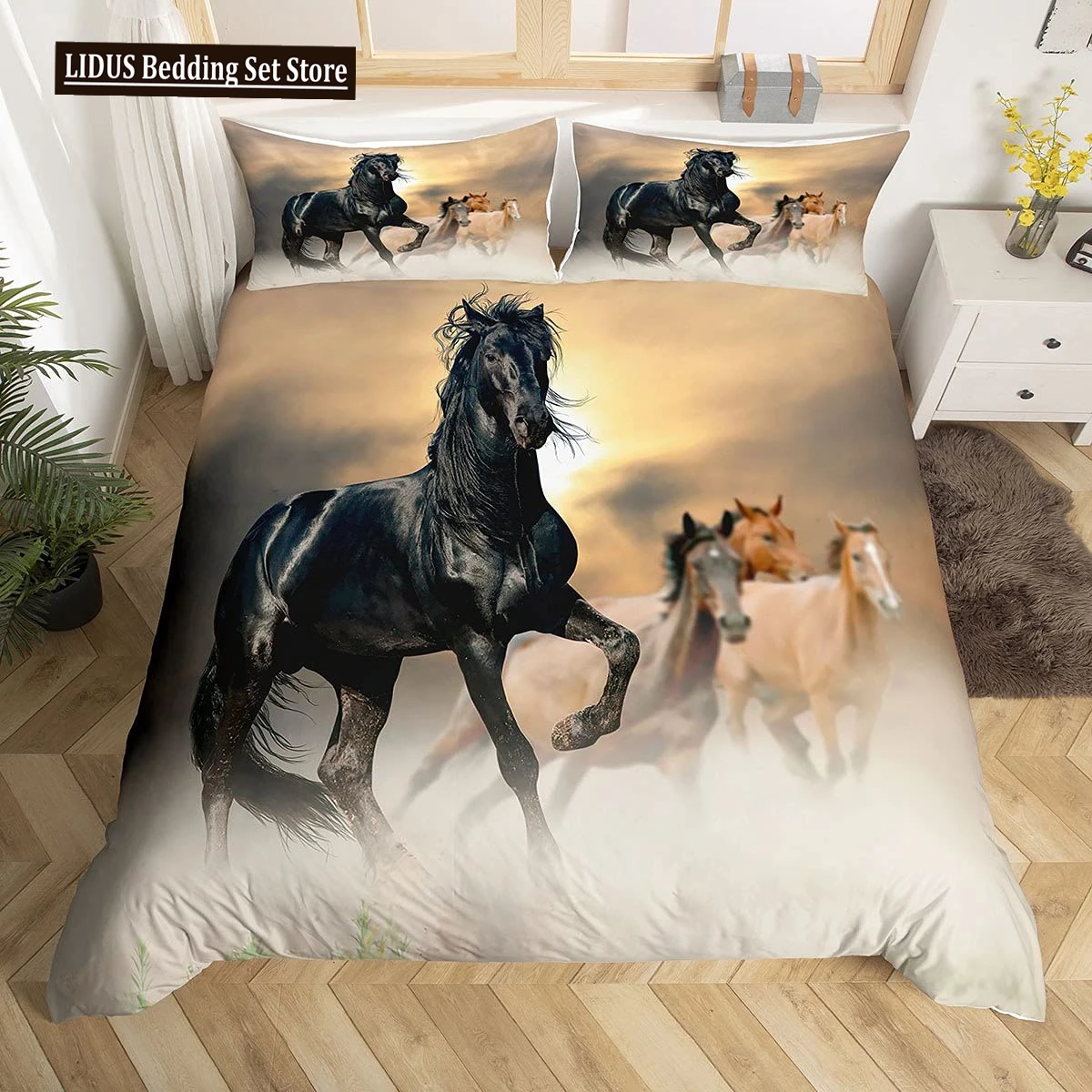 

Domineering Galloping Horse Printed Duvet Cover Set 3D Luxury Bedding Set With Pillowcase Bedroom Quilt Covers 2/3pcs Queen Size