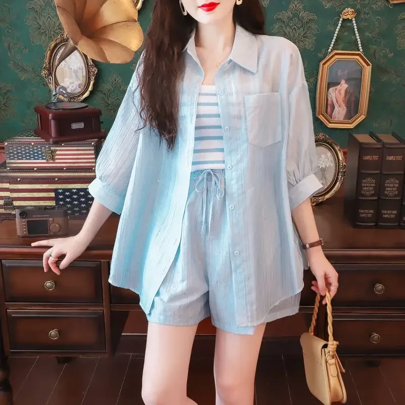 

Короткие комплекты для женщин, комплект из 2 предметов, синие карманные солнцезащитные рубашки и блузки, ансамбли, новые особенности одинаковых женских шорт