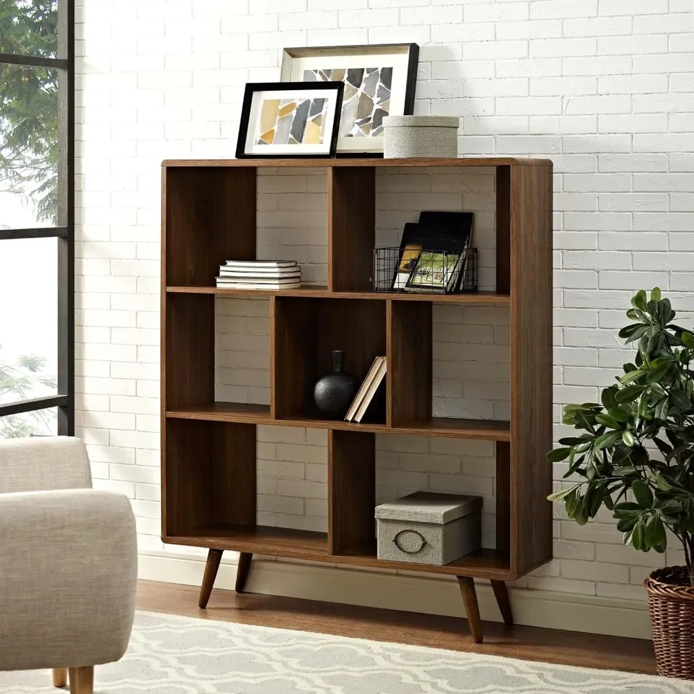 Transmit Mid-Century Offset Cube Wood 7 Tier Bookcase in Walnut Bookshelf for Books Storage Shelf Wardrobe Furniture Living Room