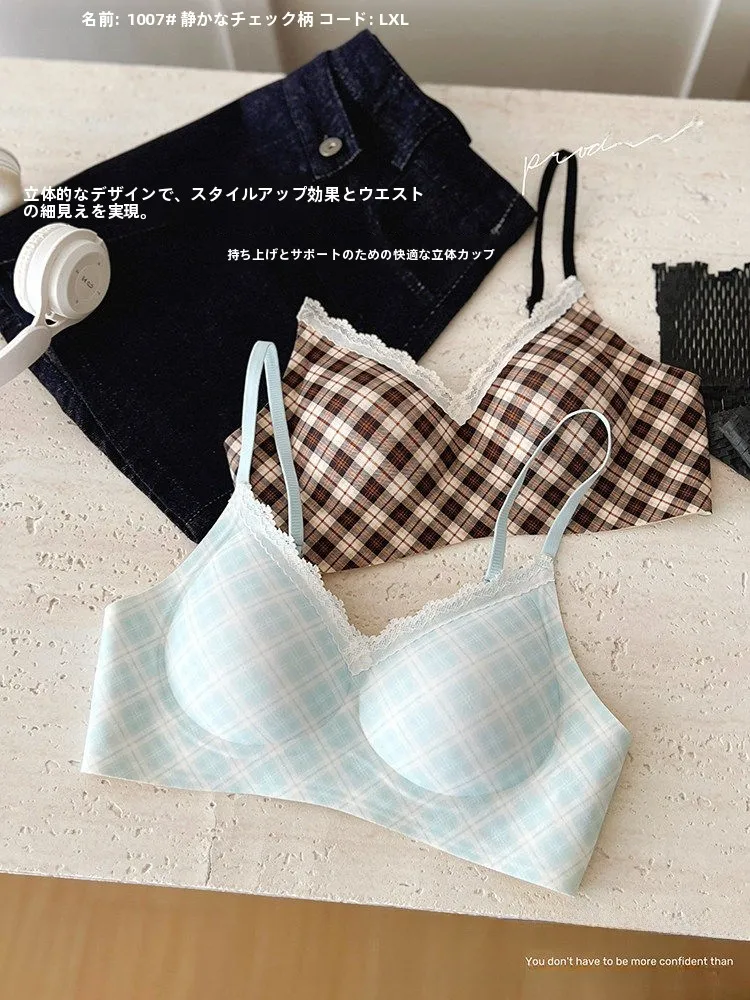 ワイヤレス薄型レディースブラジャー、小胸用、夏用、ノンワイヤー、トッププッシュアップ、補助バスト、スイートグリッド、若い女性用ブラジャー