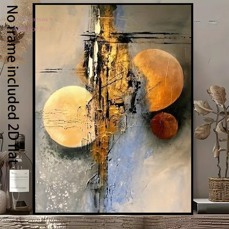 2D Flat, [2D Flat] 1pc Decorative Canvas Art, Abstract Canvas Painting with Golden and Orange Sphere Accents, Modern Style Fr