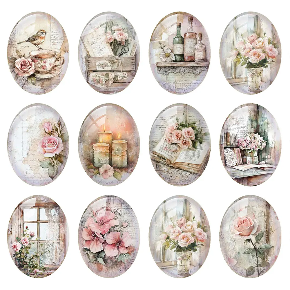 Random Mixed Round/Oval/Square French Vintage Cottagecore Rose Photo Glass Cabochon Flatback Demo Cameo For Diy Jewelry Making