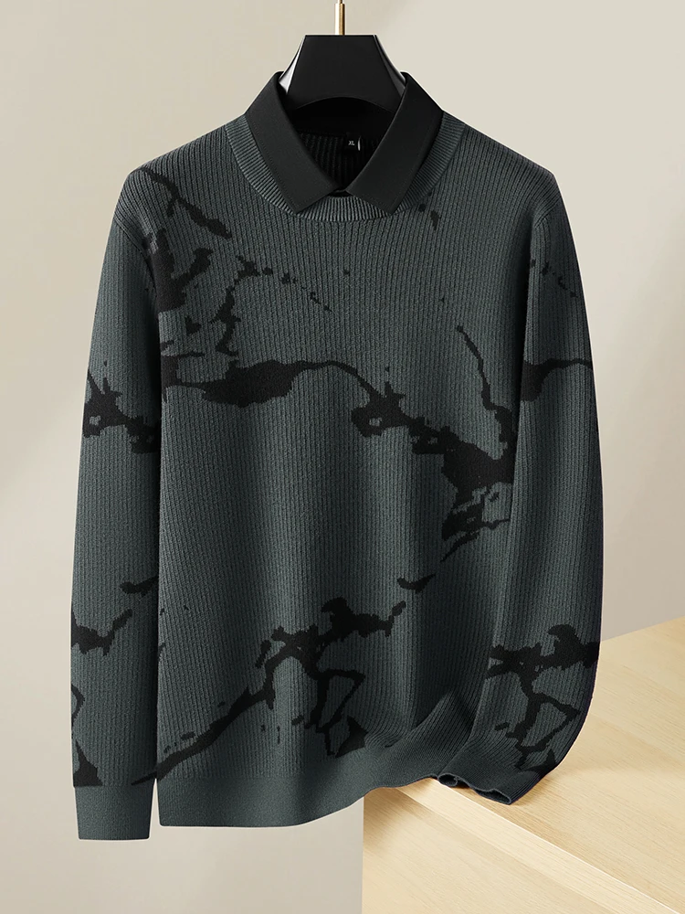 

Мужской вязаный свитер больших размеров на осень-зиму, свободного кроя, с эффектом двухслойности, модный, высококачественный, повседневный, с геометрическим узором