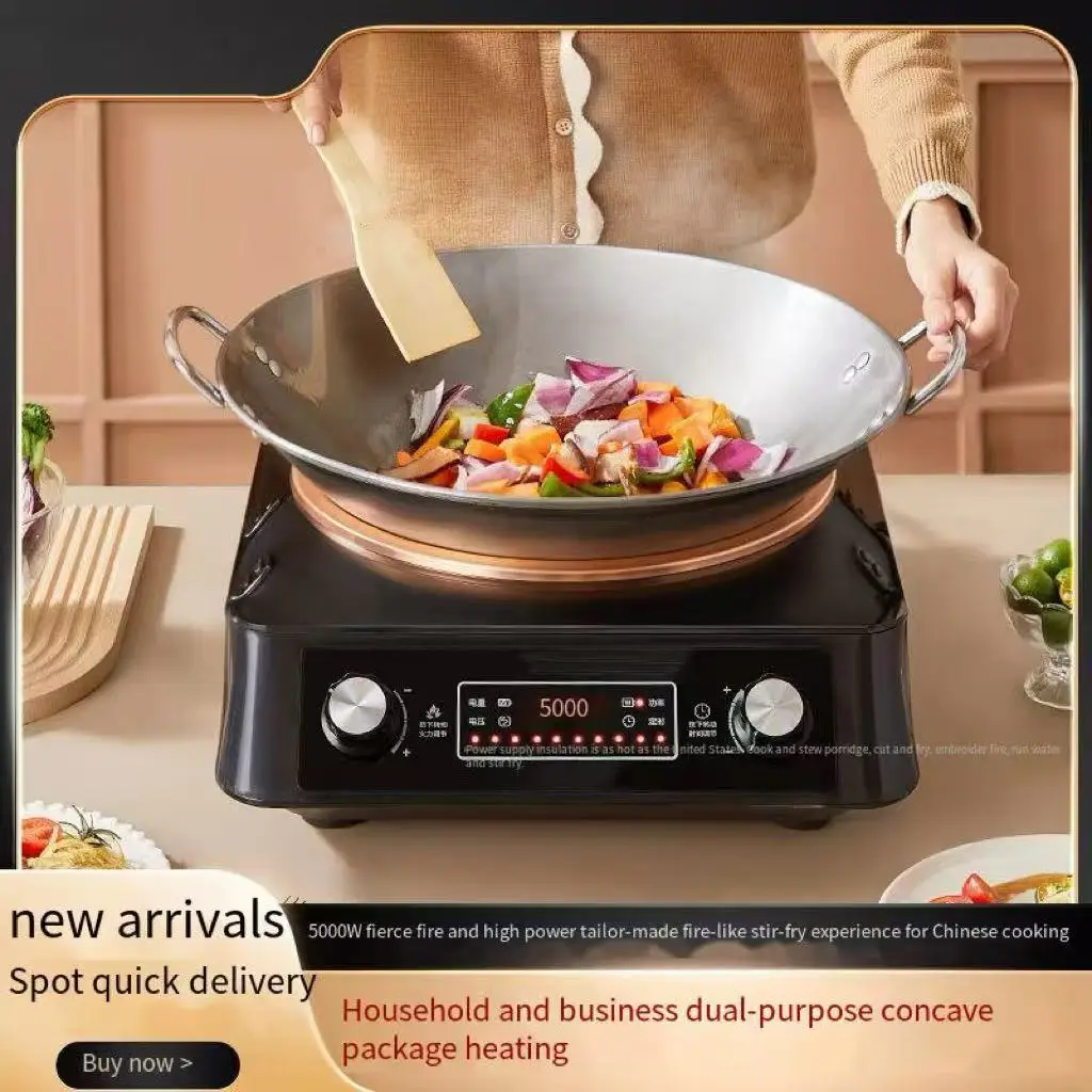 5000W High Power Smart Electric Induction Cooker 36 Stainless Steel Wok Household Stir-Fry Knob Touch Screen Display