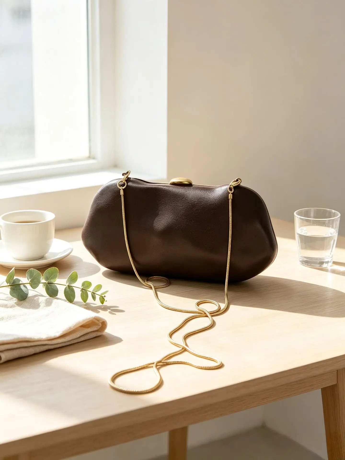 Retro warm dark brown clutch bag, round, soft and exquisite small gold buckle, special-shaped simple chain banquet bag