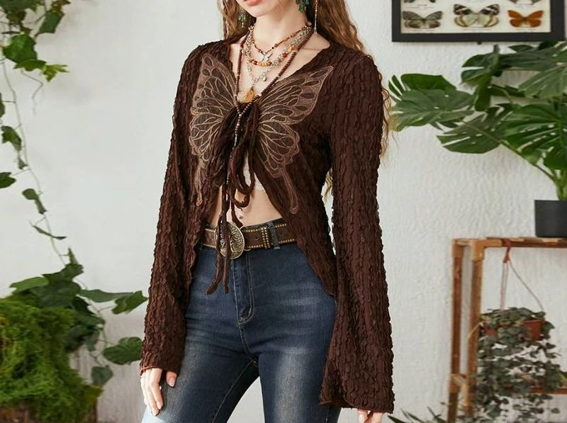Retro Texture Fabric Butterfly Embroidery Lace-up Cardigan Women's French Trend Slimming Top