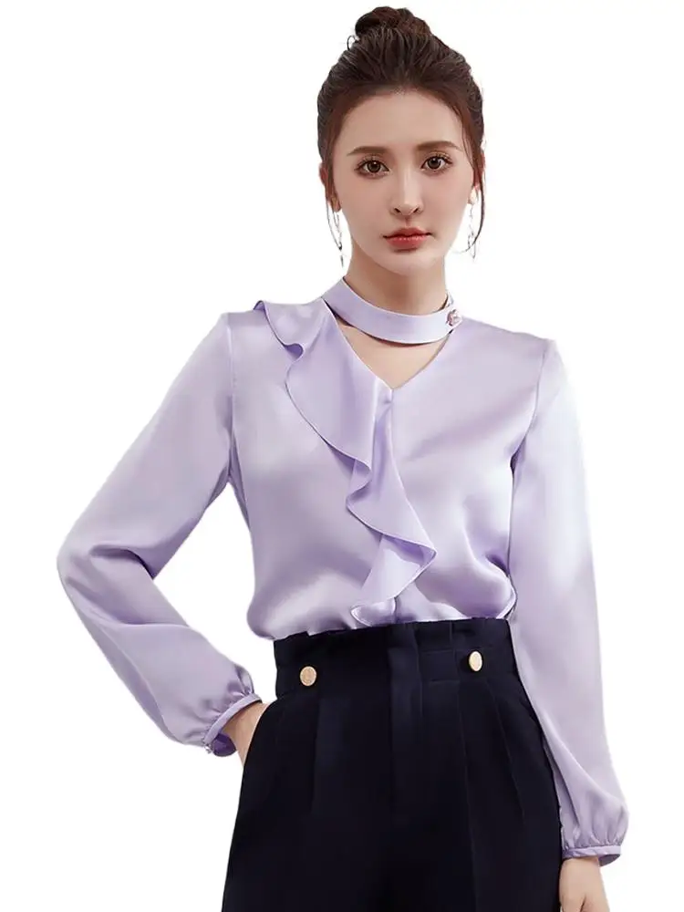 

6XL Autumn Vintage Satin Women Shirt Elegant V-neck Ruffle Edge Blouse Long Sleeve Shirts Tops Blusas Loose Silk Female Clothing