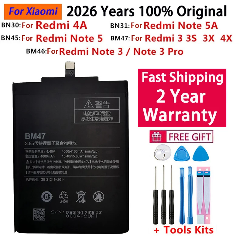 100% Original Battery BM46 BM47 BN30 BN31 BN45 For Xiaomi Redmi Mi 3 3S 3X 4X 3 pro Note 3 5 5A 6 4A Pro 5X Replacement Battery