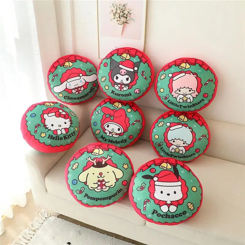 

Kawai Sanrio Plush Throw Pillow Wreath Kuromi Cinnamoroll Melody Sofa Cushion Pillow Christmas Series Vintage Round Throw Pillow