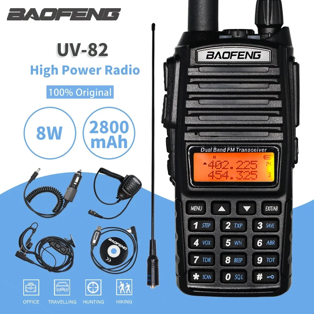 Baofeng UV-82 워키토키, 고출력 5W, 8W, Uv82 듀얼 밴드, Vhf, Uhf, Fm 트랜시버, 10km 범위, Jagen Tweerichtingsham 