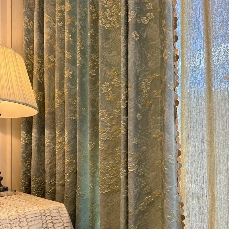 Matcha Green Mountain Camellia Embossed Jacquard Thick Blackout Curtains for Living Room French Window Balcony Window Custom