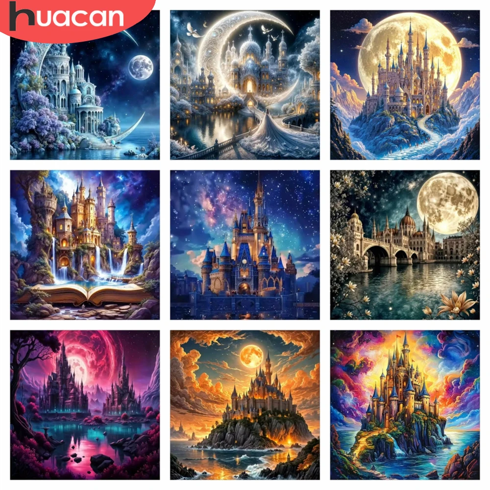 HUACAN Diamond Mosaic On The Basement Castle House Landscape Painting Square Round Drill Moon Scenery Home Decor Rhinestones
