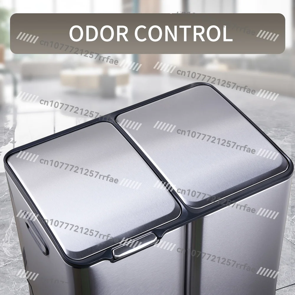 60L three-compartment rectangular stainless steel trash can with double inner bucket sorting and closing slowly