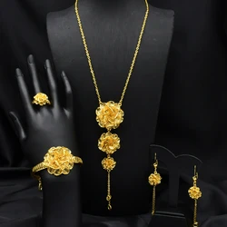 ANIID African Gold Color Jewelry Set For Women Indian Flower Long Necklace Earring Nigerian 24K Gold Plated Jewellery Dubai Wedd