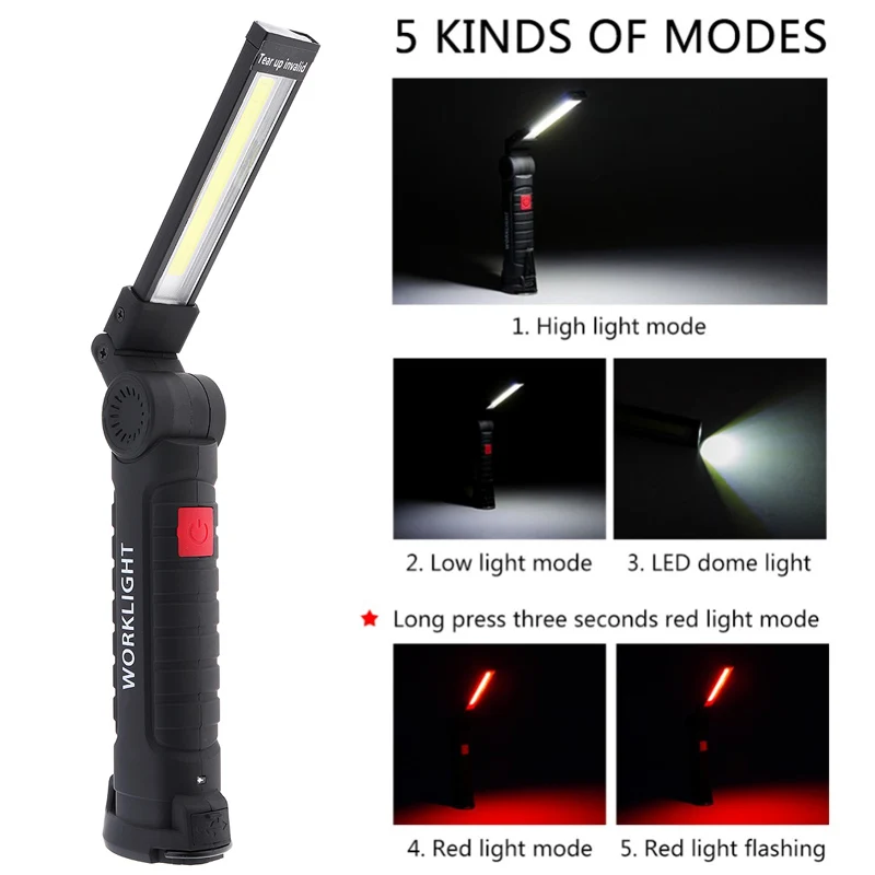 W52 Portable 5 Mode COB Flashlight Torch USB Rechargeable LED Work Light Magnetic COB Lantern Hanging Hook Lamp for Camping