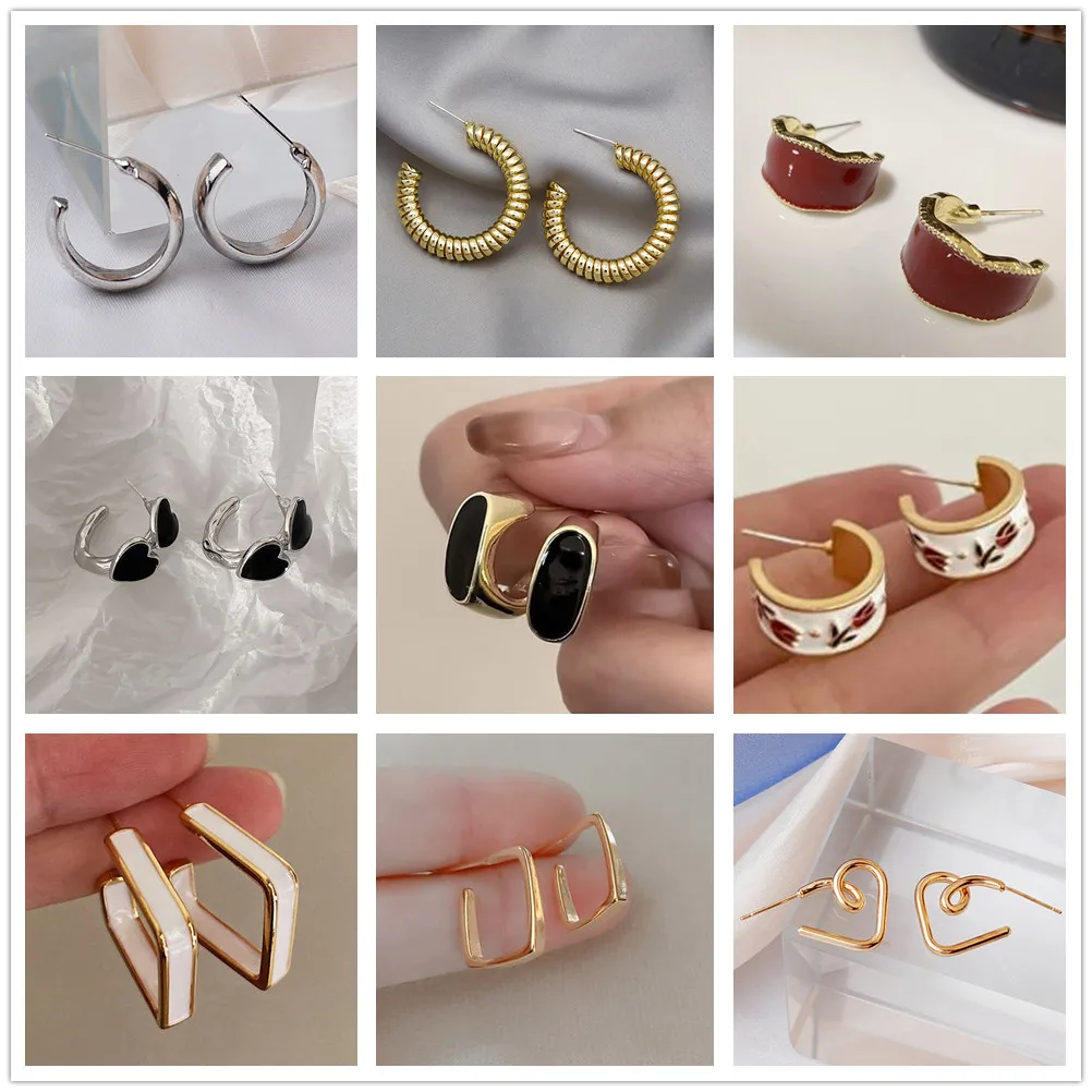 Personality Fashion C-Shape Drop Earrings for Women Punk Enamel Oil Square Print Floral Heart Earrings Geometry Golden Jewelry