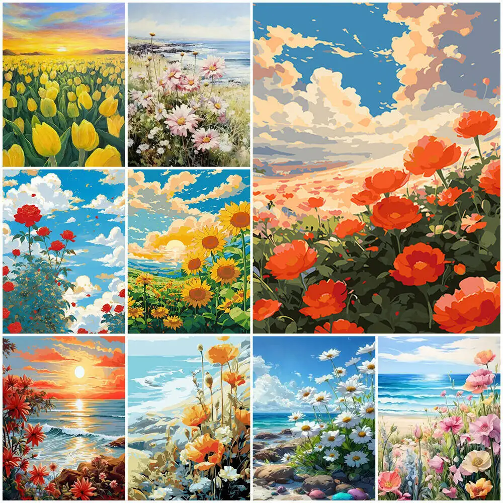 Digital Oil Painting Tulip Poppy Flowers Seaside DIY Paint By Number Scenery Drawing On Canvas Acrylic Paint Handpainted Gift