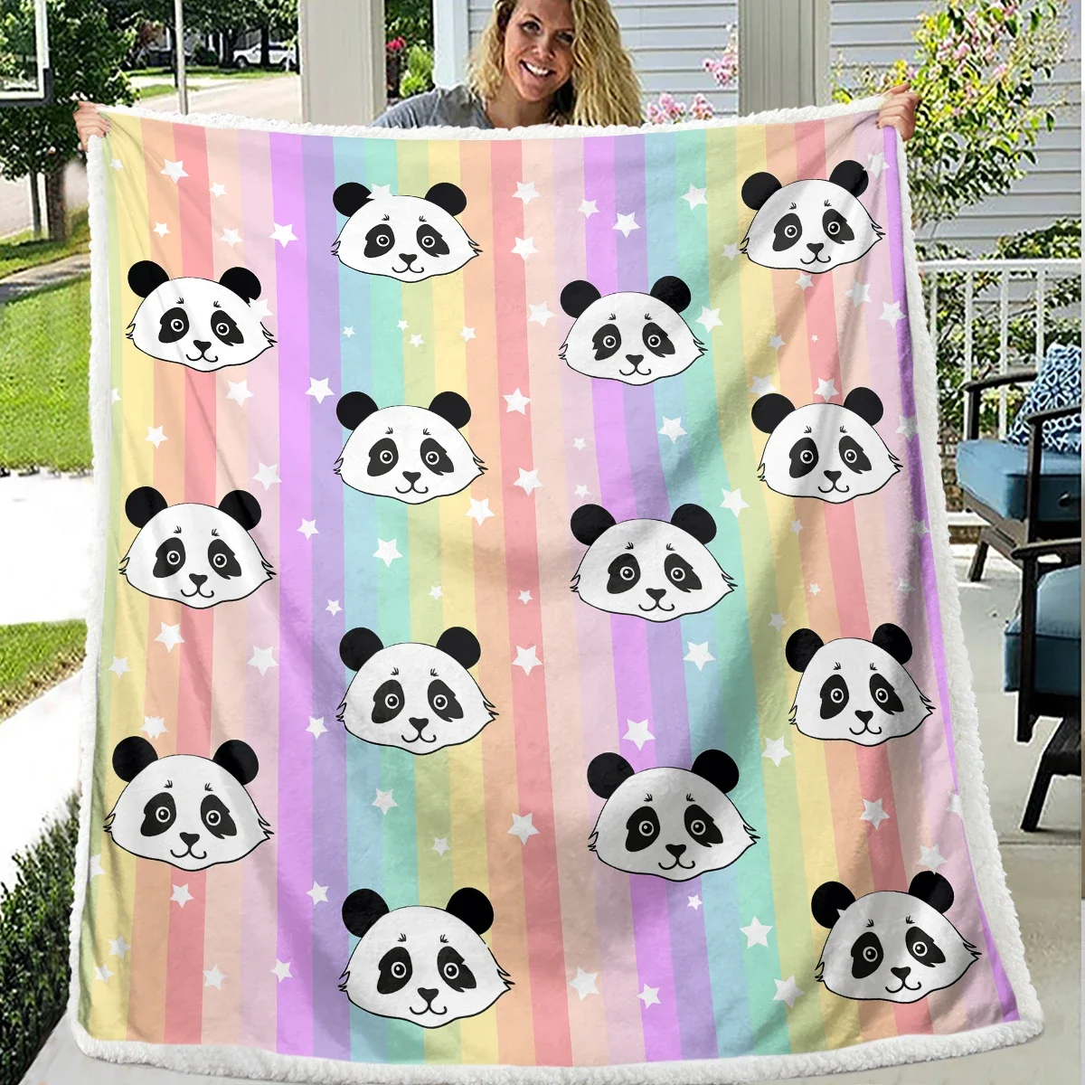 

Cute Panda Pattern Sherpa Fleece Blanket Rainbow Background Design Blanket and Adults Decor