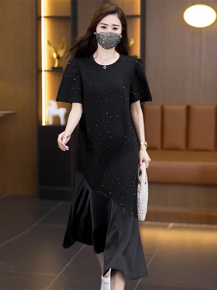 YZJNH 2024 Summer Long Dress Korean Edition Loose Round Neck Short Sleeve Panel Ruffle Hem Hem Black Large Size Dress