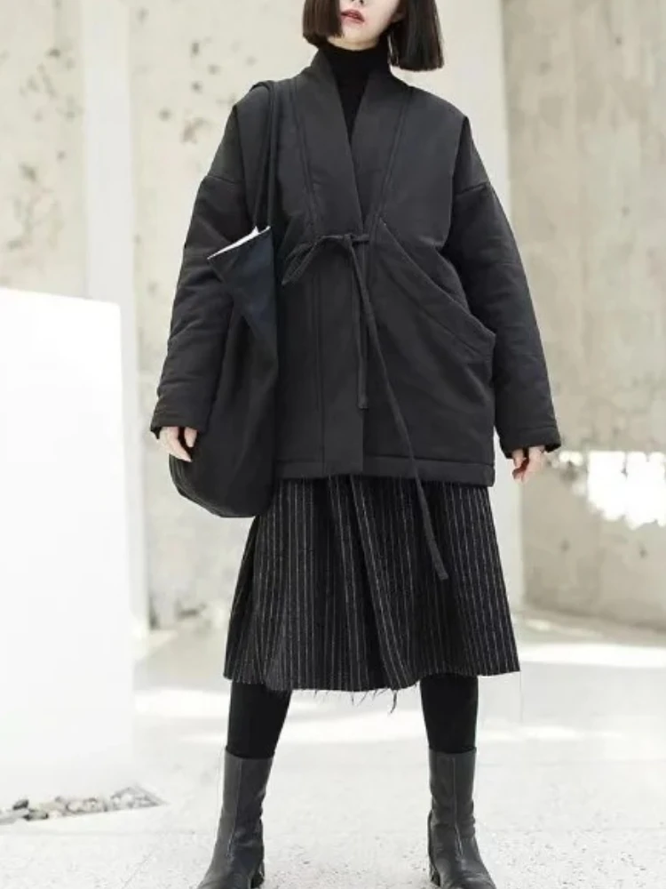 Women's Autumn Winter 100% Cotton Coat Warm High Quality Parkas Retro Harajuku Tie Simple Loose Design Fashion Puffer Jacket