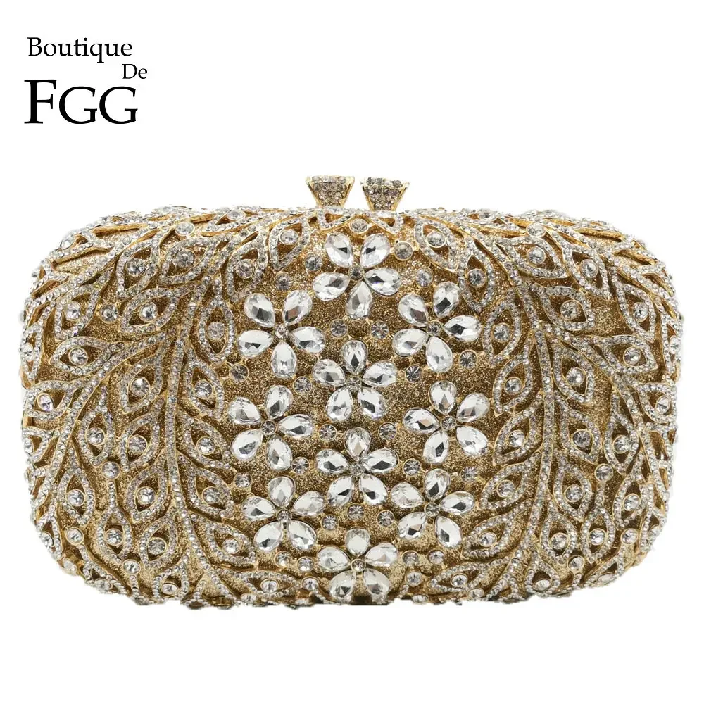 

Boutique De FGG Women Flower Evening Bags Clutches Hand-Made Crystal Minaudiere Purses and Handbags Party Wedding Rhinestone Bag