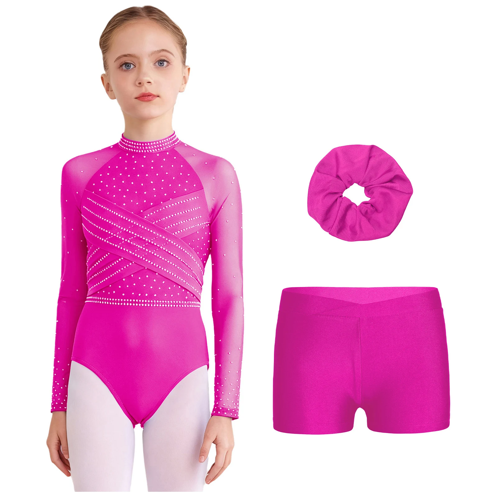 

Kids Girls Rhythmic Gymnastics Leotards Ballet Dance Outfits Sheer Mesh Long Sleeves Rhinestones Leotard+Shorts+Hair Band Sets