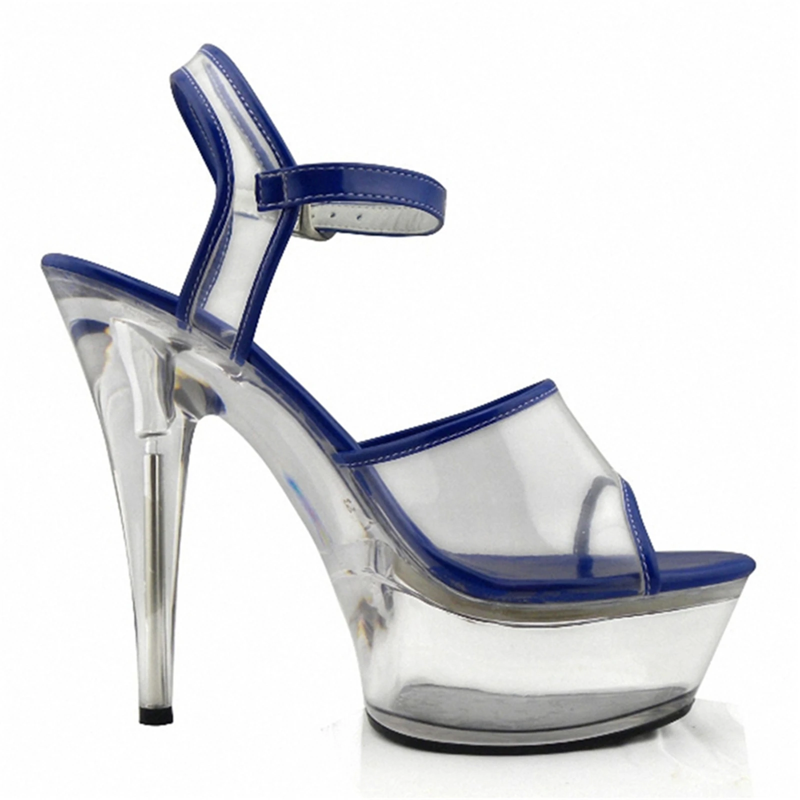 Refreshing Clear Heeled Sandals Royal Blue Peep Toe Platform Design Thin Ankle Strap 15CM Summer Fashion Women Shoes view 6