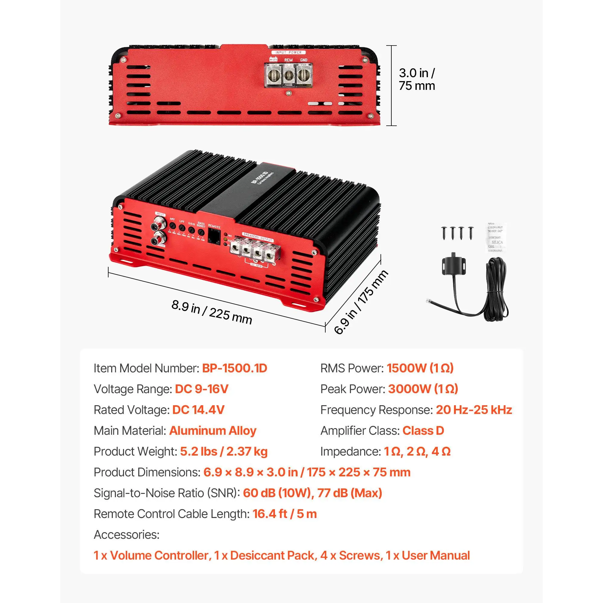 Monoblock Car Amplifier, 1500W RMS MAX, 1/2/4 Ohm Stable, 1-Channel Class D Car Audio Amplifier with Remote Subwoofer Level Control, Low Pass Filter and Bass Boost, Volume Controller Included