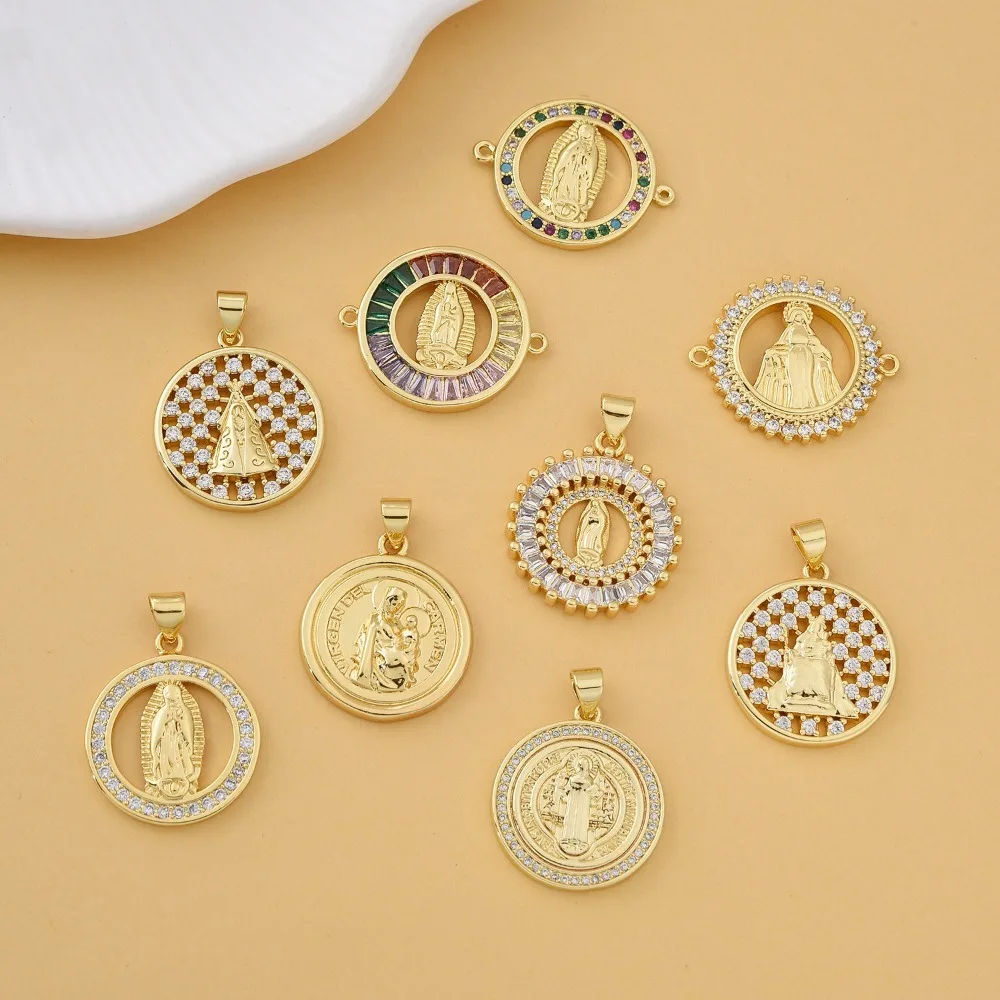 2Pcs Virgin Mary Pendant DIY Necklace Bracelet Jewelry Making Brass Plated Gold Micro Inlay Zircon Round Hollow Charm Accessorie