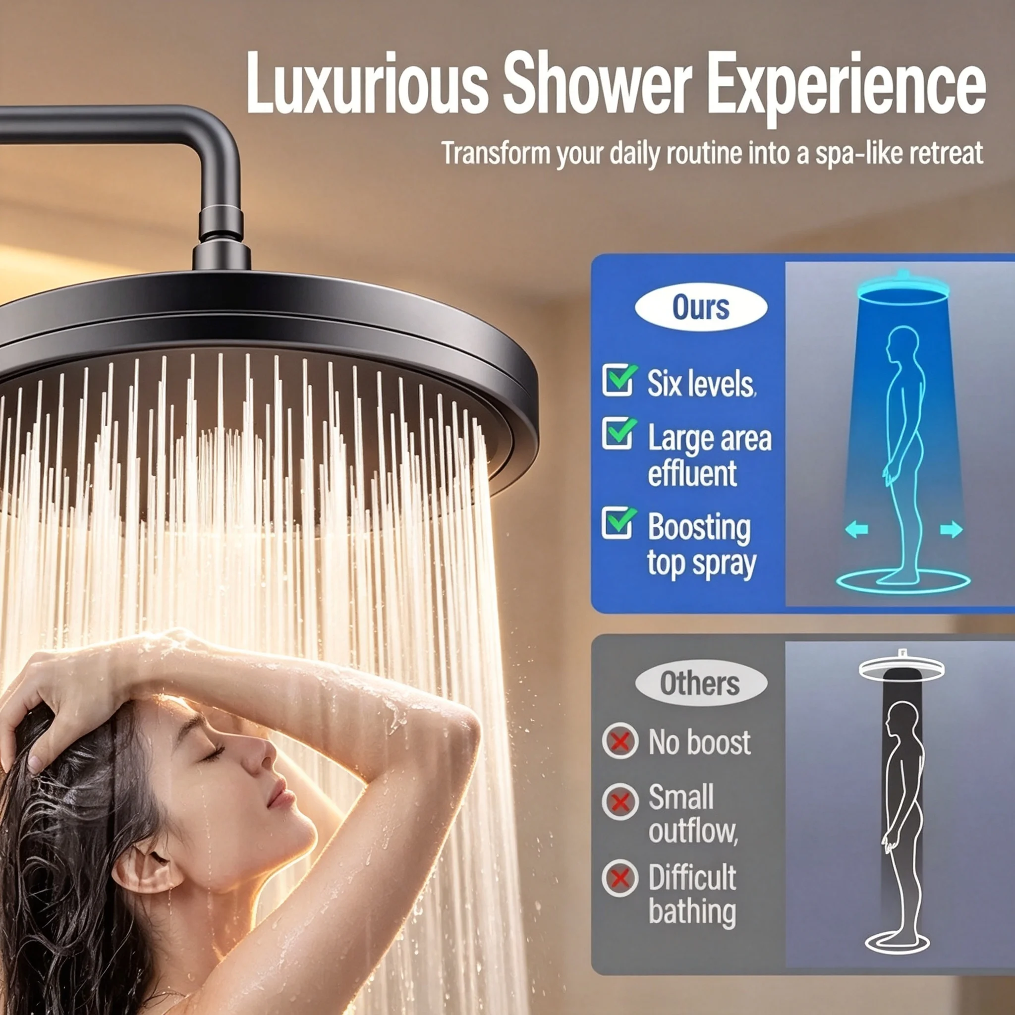 Luxury Spa Rain Shower Head - Ceiling Mounted Powerful 6 Spray Levels Extra Wide Coverage Instant Body Top Shower Sprayer