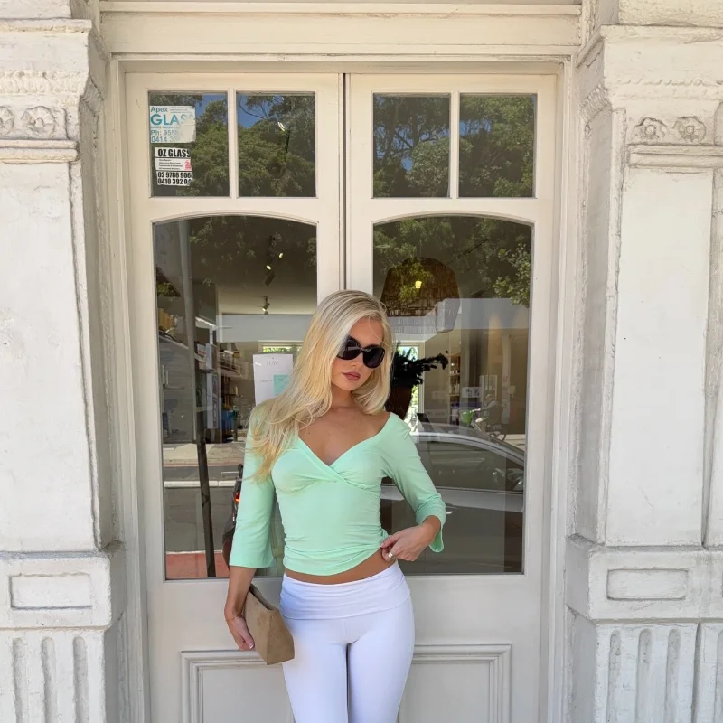 Soft Light Green Fitted Crop Top Wrap Allure Deep V Neck Elbow Length Sleeve Ruched Bust Vest 2026 Minimalist Casual Daily Wear
