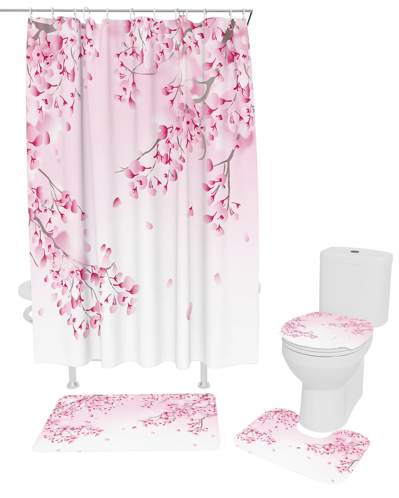 Japanese Style Sakura Texture Shower Curtain Set Non-Slip Rugs Bath Mat Toilet Lid Cover Waterproof Polyester Bathroom Curtain