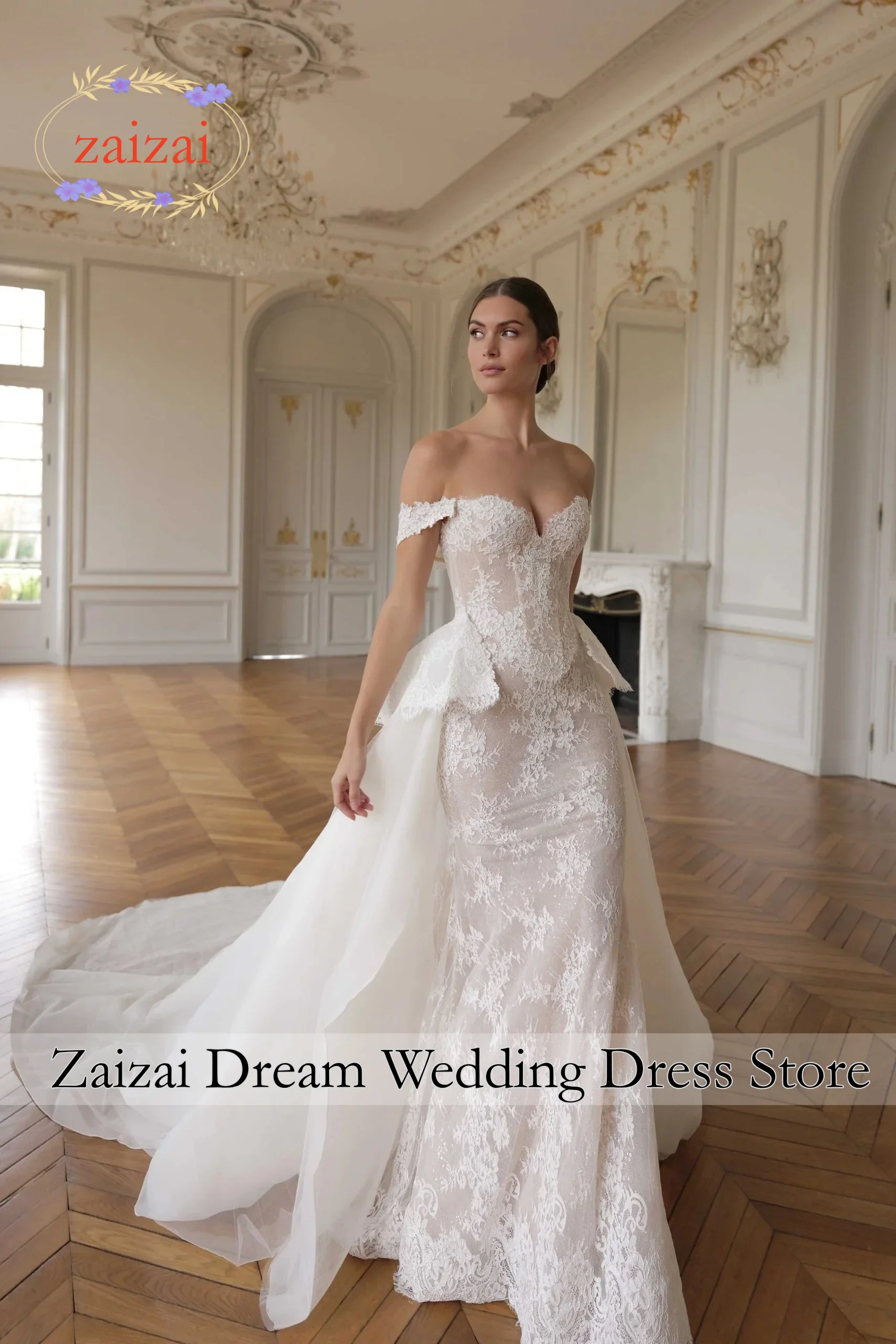 Customized Detachable Train Mermaid Wedding Dress Lace Cap Sleeve Organza Basque Waistline Bridal Gowns Amanda Novia Official