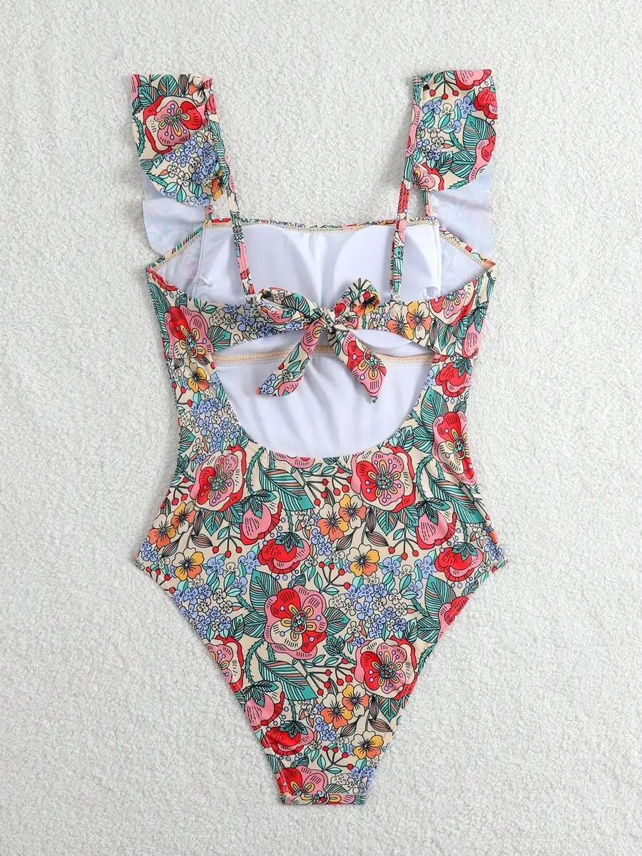 

Womens Floral Print Ruffle Hem Bandeau Twist One-Piece Swimsuit Beach Vacation Swimwear