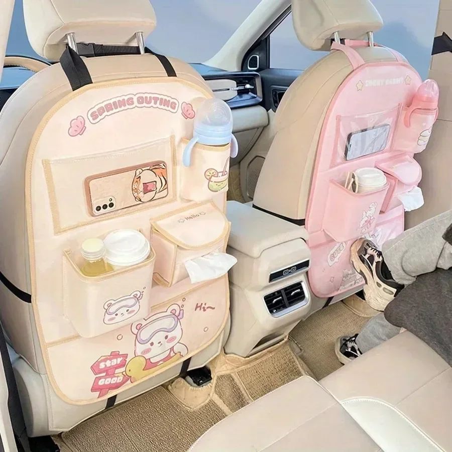 Cute Cartoon Car Seat Back Storage Bag Bear Bunny Multifunctional Car Back Seat Anti-Dirty Anti-Kick Storage Pad Car Accessories