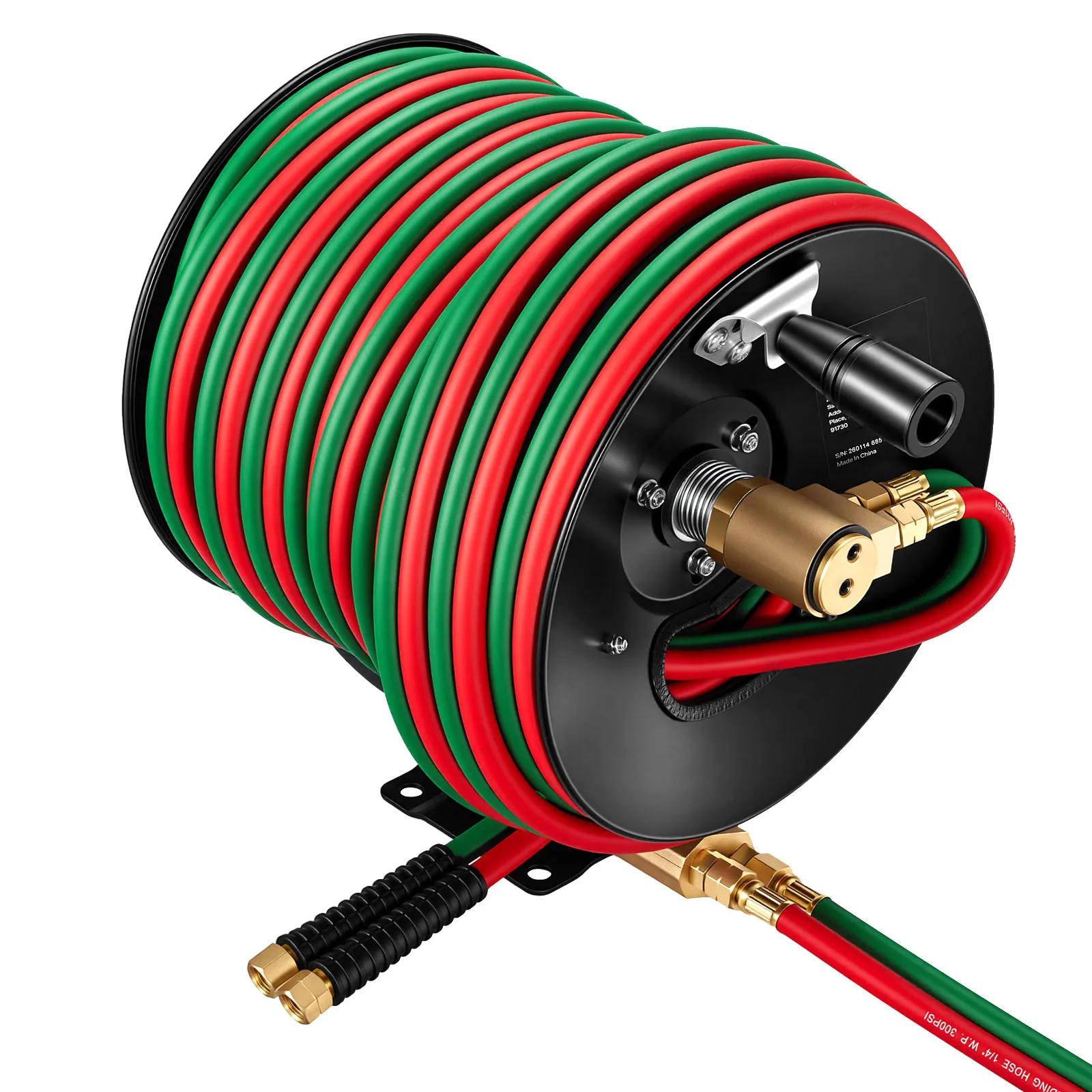 VEVOR Retractable Welding Hose Reel Hand Crank Manual Rewind Hose Reel with 1/4Inch x 100FT Twin Oxygen Acetylene Rubber Hose