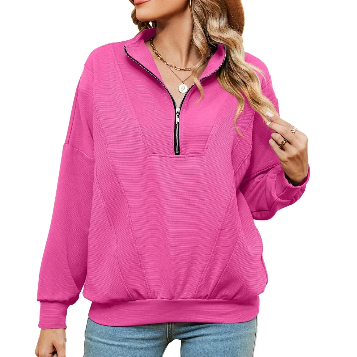 Dames Lente Herfst Nieuw Sweatshirt Vrouwelijke Halve Rits Casual Truien Tops Dame Losse Effen Kleur Lange Mouw Tops