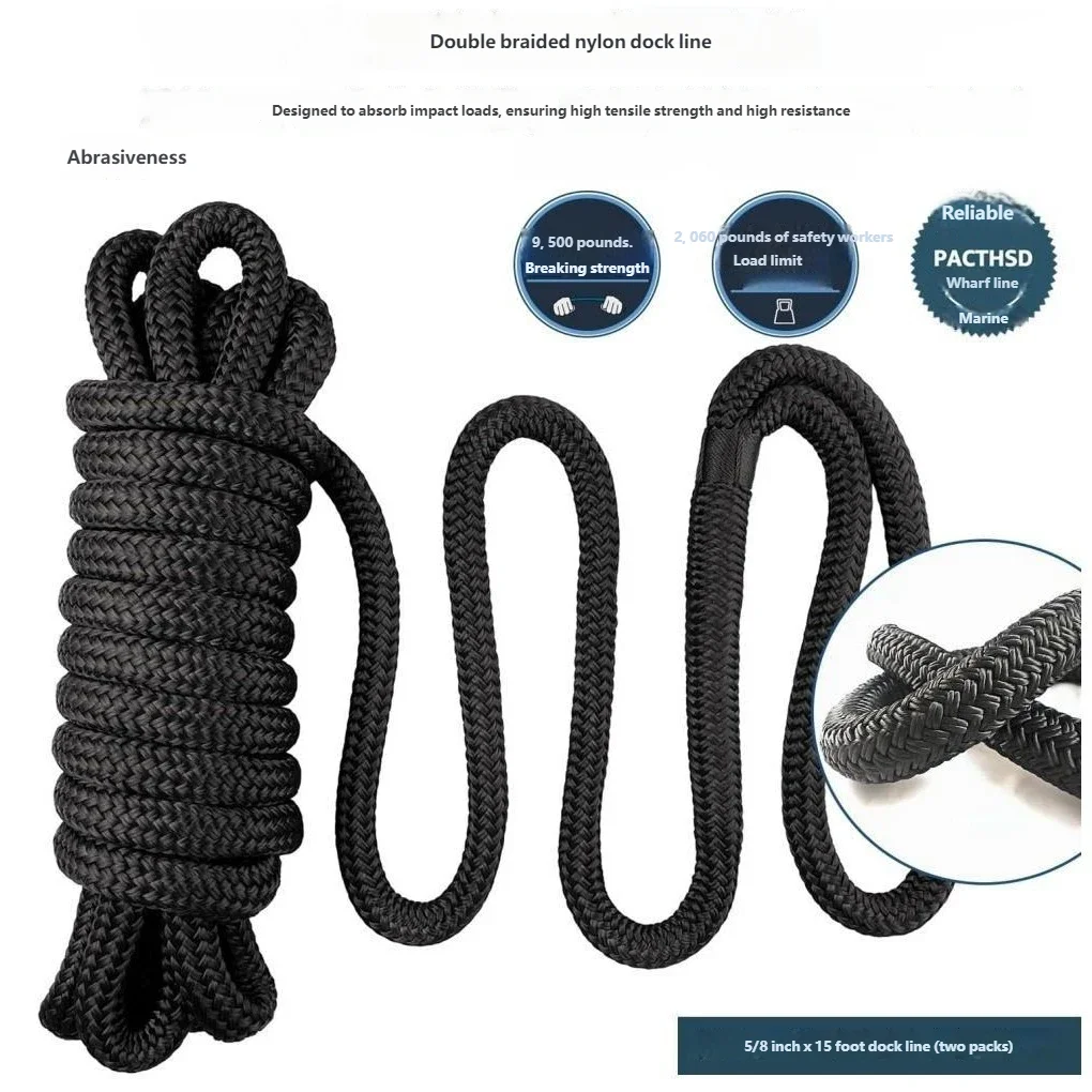 4.6m/15ft Black Boat Dock Lines Heavy Duty Dock Mooring Rope Boat Anchor Rope Marine Grade for Yacht Fishing Boat Nylon Line
