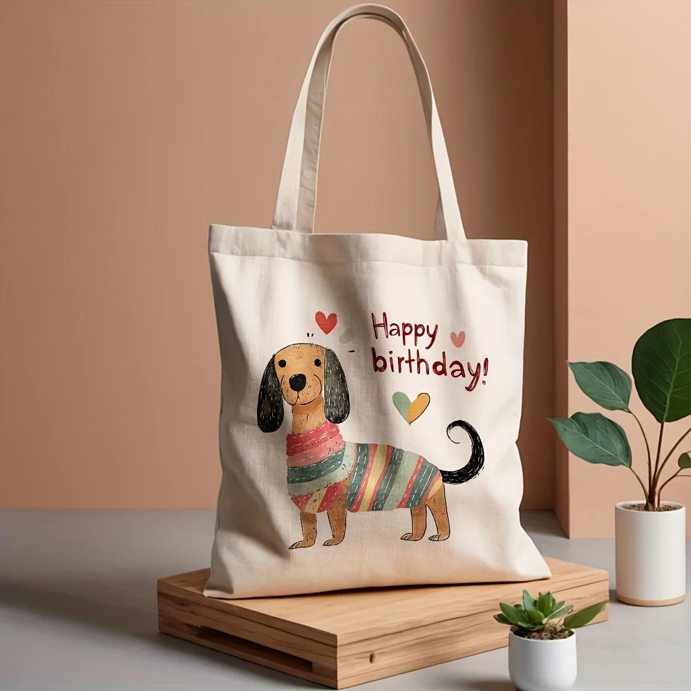 Happy Birthday Dog Illustration Canvas Tote Bag Grocery Bags Commuting Beach Travel Ideal Birthday Gift Fashion Shopping Bag
