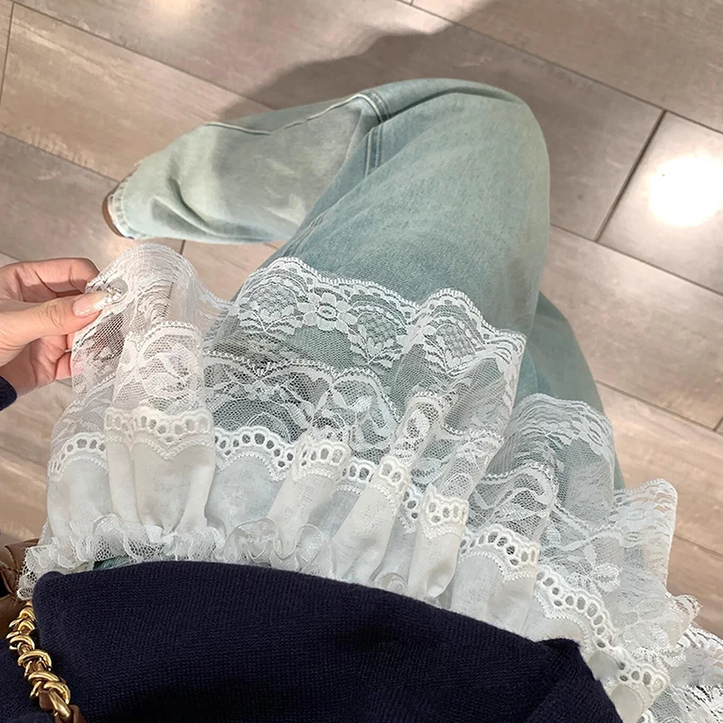 Fashion White Lace Irregular Skirt Curtain Flowers Lace Mesh Halfbody Skirt Women Summer Bottoms Jeans Decorative Hemline