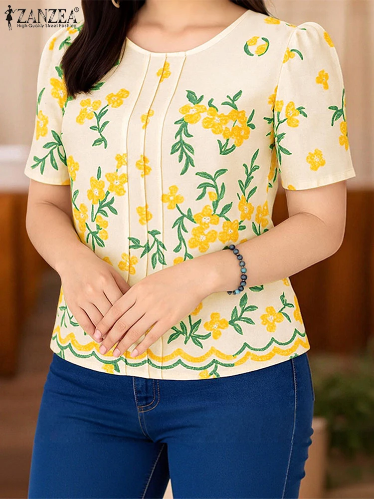 بلوزات صيفية للسيدات من ZANZEA بلوزة مطبوعة بالزهور قمصان كلاسيكية موضة 2025 بأكمام قصيرة سترة فضفاضة غير رسمية برقبة دائرية بلوزات كبيرة الحجم #2