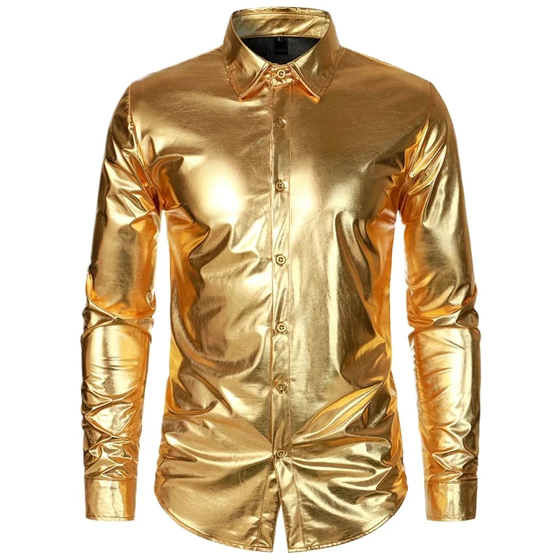 Shiny Glossy Gold Designer Clothes Men Nightclub Shirts Metallic Disco Party Halloween Costume Mens Blusas Steampunk Masculino