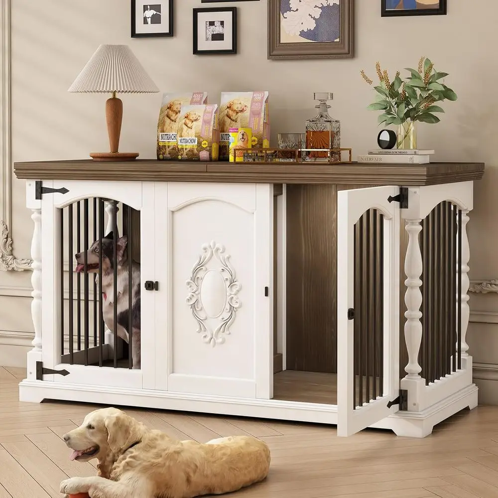 

Large Wooden Dog Crate for 1-2 Dogs, Heavy-Duty Indoor Kennel with Divider, Decorative Dog House and TV Stand