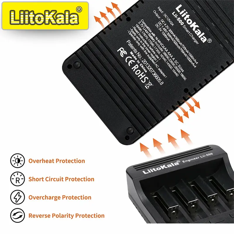 شاحن ذكي LiitoKala Lii-500 لـ 18650/26650/AA/AAA/Ni-MH/Li-ion، شاشة LCD، اختبار السعة، فتحات مستقلة، حماية - 3