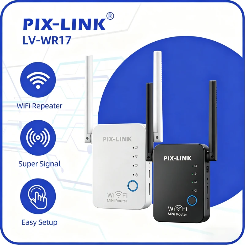 

PIX-LINK WR17 300Mbps WiFi Repeater Wireless Signal Booster 2.4GHz 2 Antennas WPS Easy Setup Wall Penetration EU/US Plug Type