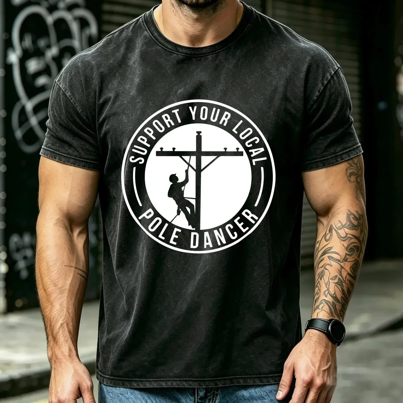 washed T Shirt GusseaK Funny Lineman Electrician Support Your Local Pole Dancer long or short sleeves vintage Washed Unisex