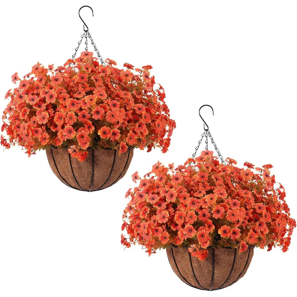 

24 Pcs Artificial Fall Flowers with Hanging Baskets, Orange Mums for Porch Garden and Patio Decor