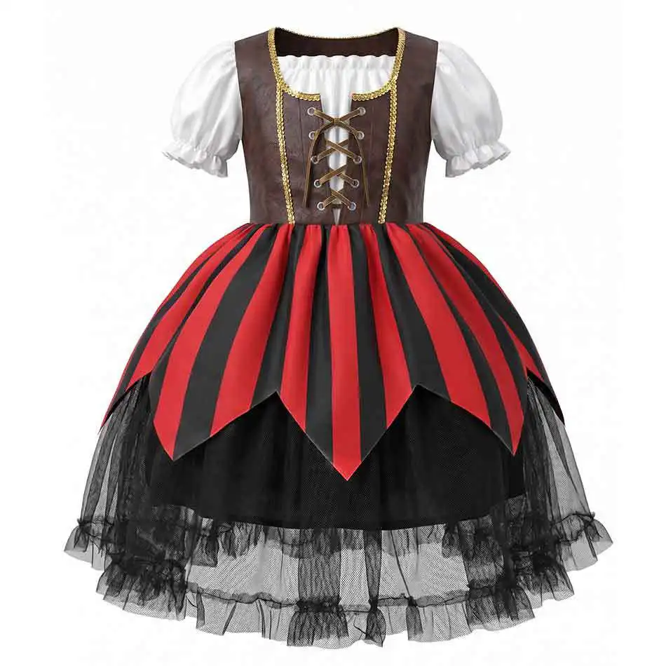 Cool Kids Pirate Role Play Costume Girls Fancy Buccaneer Tutu Dress Halloween Carnival Voyager Cosplay Exquisite Outfit 3-10Yrs