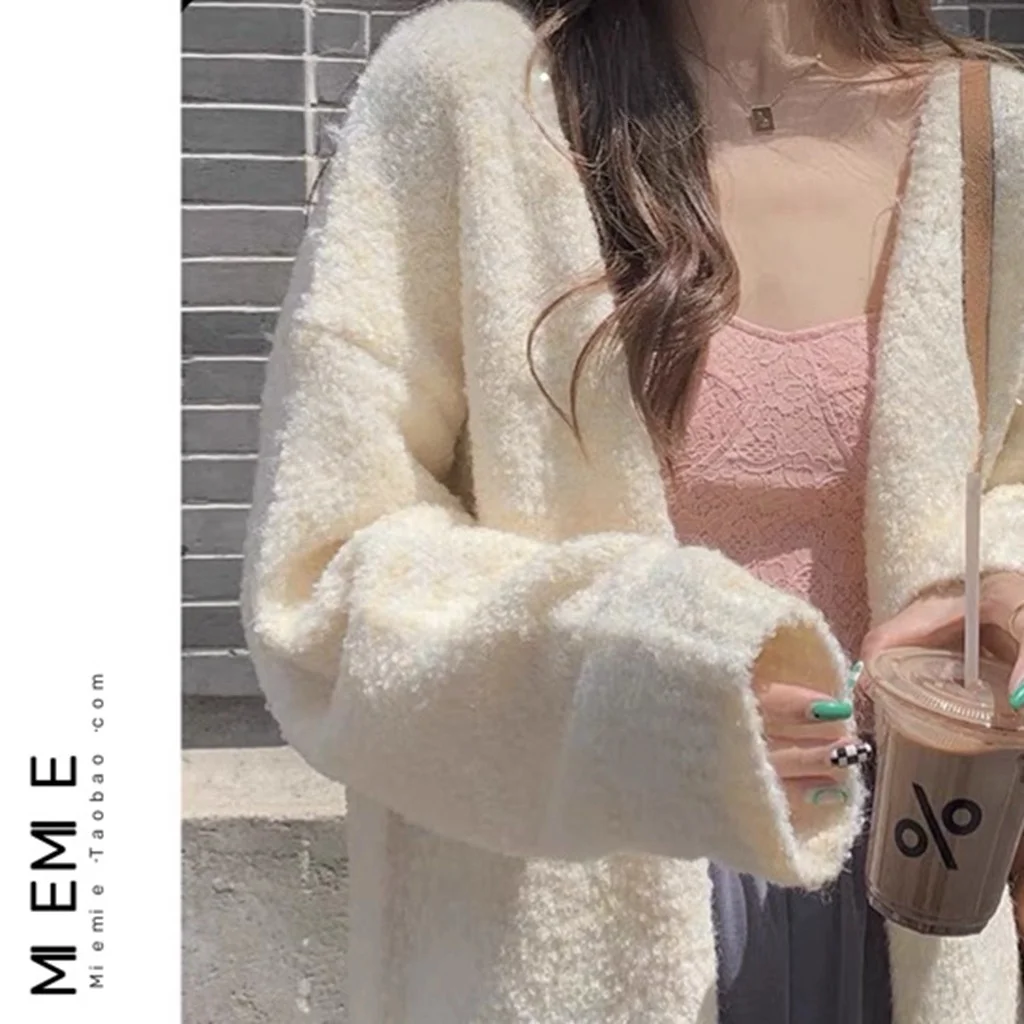 Ele Long Pearl Velvet Open Cardigan Pure Color Outerwear Sli Commute Straight Tube Sweater V-Ne Button Detail