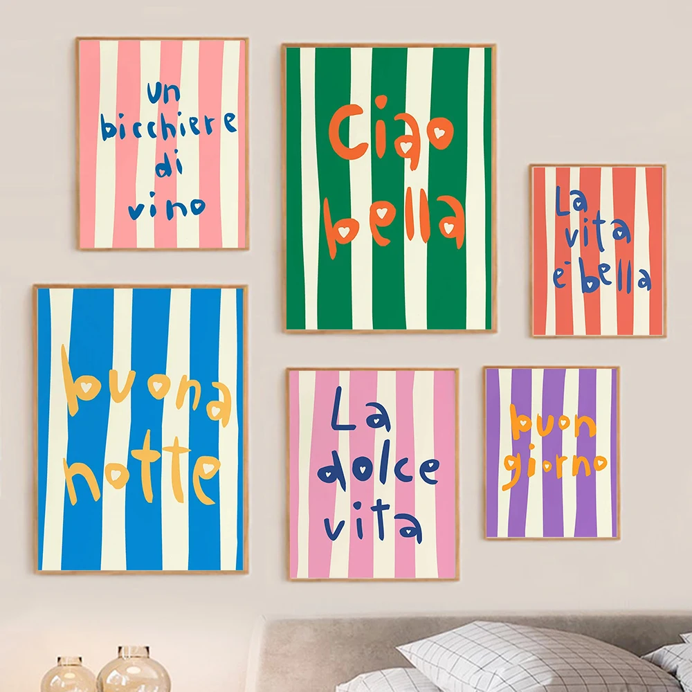 Juego de 6 impresiones artísticas de pared con cita italiana La Dolce Vita, Buon Giorno, Ciao Bella, tipografía colorida, decoración del hogar, impresiones modernas